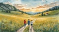 Three children walk hand in hand along a dirt path through a bright, flower-filled meadow at sunset Royalty Free Stock Photo